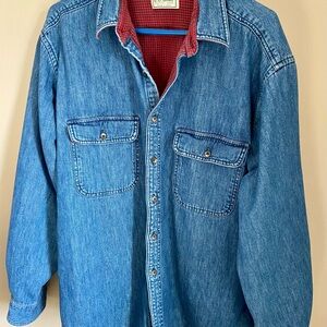 LLBean Blue Denim Button-Up Shirt/ Shacket . Red / Black plaid lining.